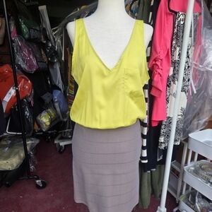 Aqua Yellow V-Neck Sleeveless Blouson Dress Taupe Skirt Size M